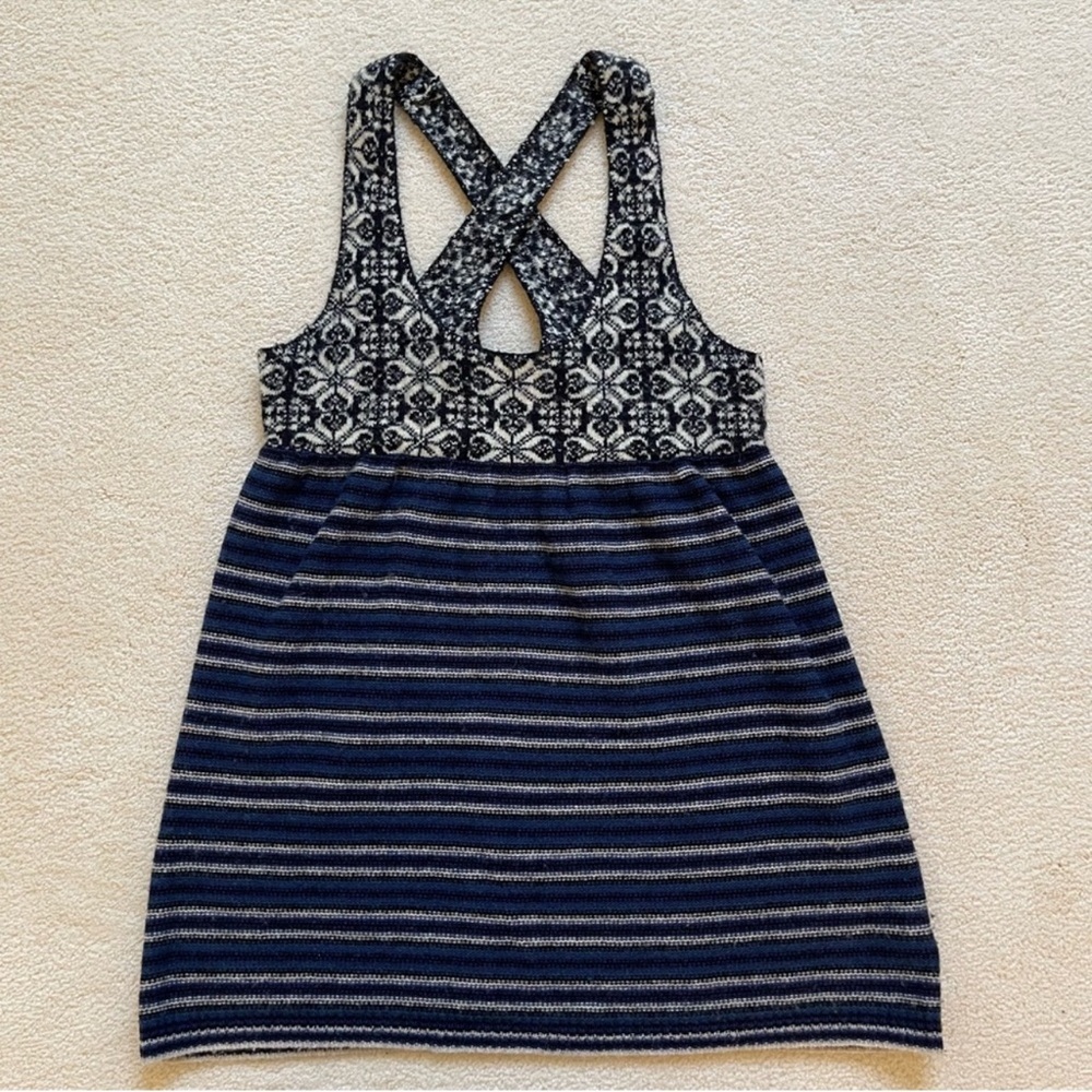 Free People Wool Top Criss Cross Empire Waist Blue Stripe Tunic Size Small